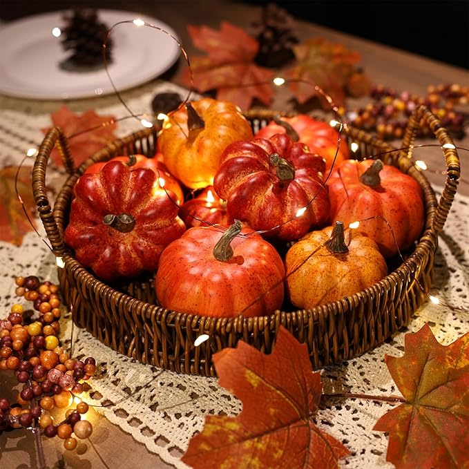 Realistic Mini Pumpkin Decor Indoor 16PCS Artificial Pumpkins for Fall Decorations for Home Fall Centerpieces for Tables Outdoor Thanksgiving Halloween Party/Berries Maple Leaf Autumn Fillers decor