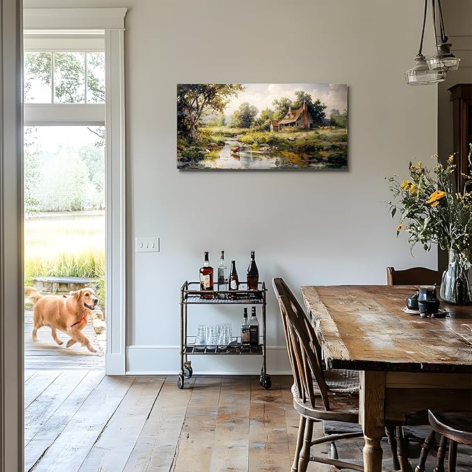 crmotu Large Canvas Wall Art, Farm Landscape Painting Art Prints, Forest Cottage Scenery Aesthetic Pictures, River Animal Cow Duck Modern Farmhouse Wall Decor Living Room Bedroom Kitchen 20"X40"