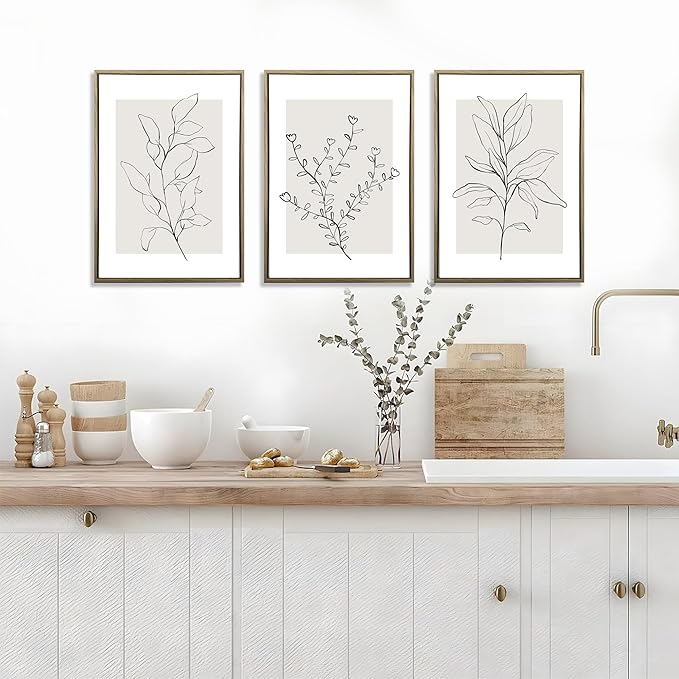 WRFON Neutral Botanical Canvas Wall Art, Minimalist Black Line Flower Poster Prints, Boho Beige Floral Wall Decor, Abstract Plant Leaf Aesthetic Picture for Bedroom Living Room Framed 16"x24"x3