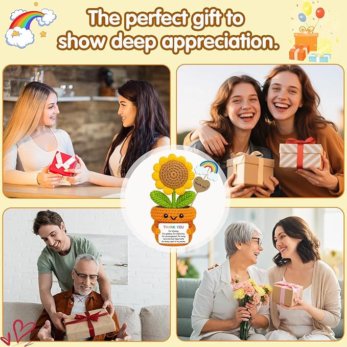 Crochet Sunflower Thank You Gift – Handmade Affirmation Doll with Appreciation Card for Teacher, Mentor, Coworker, Boss – Farewell, Retirement, Graduation, Christmas Office Desk Decor