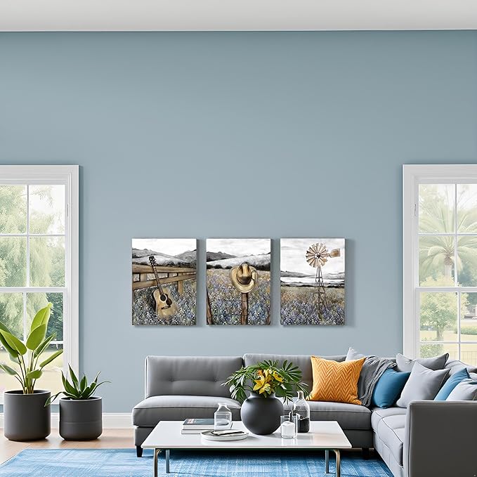 sechars Farmhouse Landscape Painting Canvas Texas Bluebonnets Field Wall Art Rustic Countryside Windmill Pictures Cottagecore Bedroom Bathroom Decor