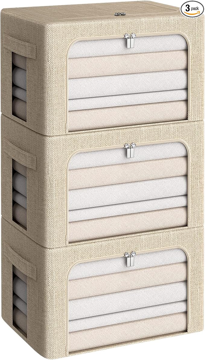 3Pack Foldable Storage Bins - Frame Storage Box Linen Fabric Stackable Clothes Container Organizer with Clear Window & Carry Handles Large Capacity (Medium-36L, Beige)