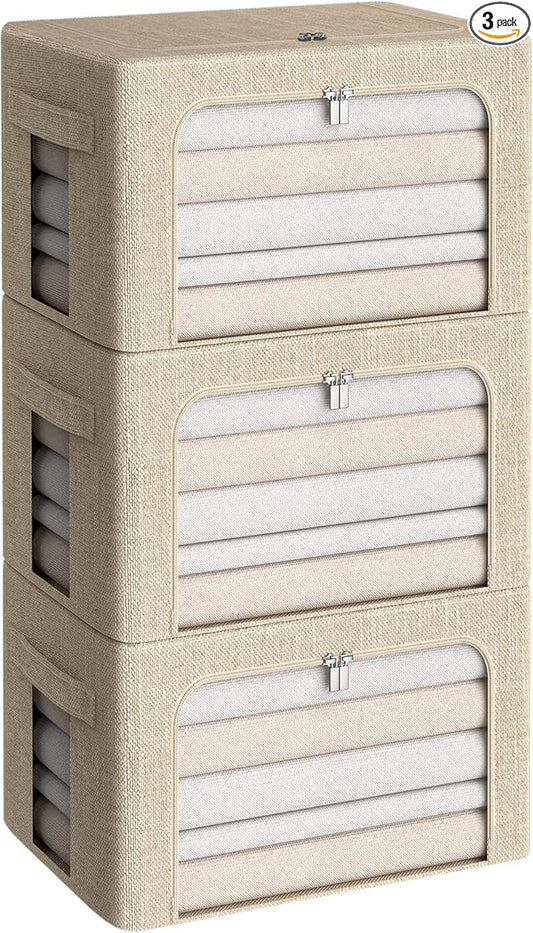 3Pack Foldable Storage Bins - Frame Storage Box Linen Fabric Stackable Clothes Container Organizer with Clear Window & Carry Handles Large Capacity (Medium-36L, Beige)