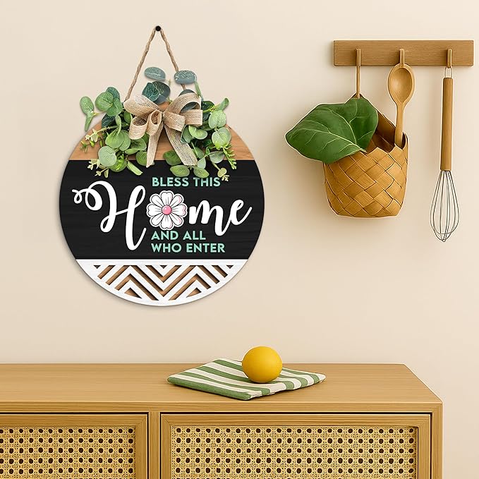 GOSSBY Interchangeable Welcome Sign for Front Door - BLESS THIS HOME - Seasonal Rustic Wood Wreath - Hanging Wall Sign Decoration for Outside, Porch, Farmhouse - New Home, Housewarming Gift