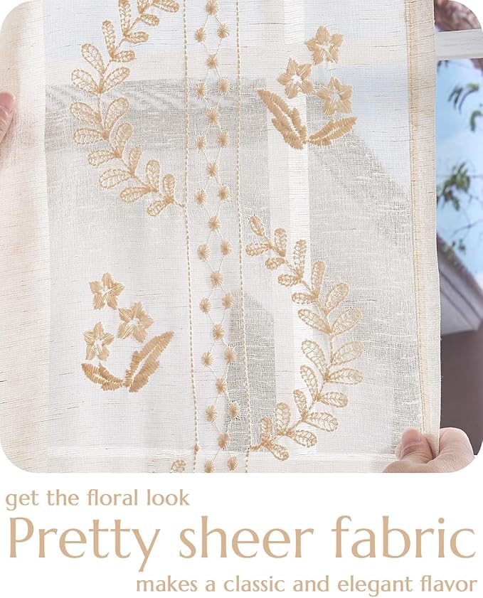 jinchan Belrose Linen Sheer Curtains for Living Room 84 Inch Length Sheer Voile Embroidered Floral Curtains for Bedroom Light Filtering Rod Pocket Window Treatments Farmhouse Decor 2 Panels Beige