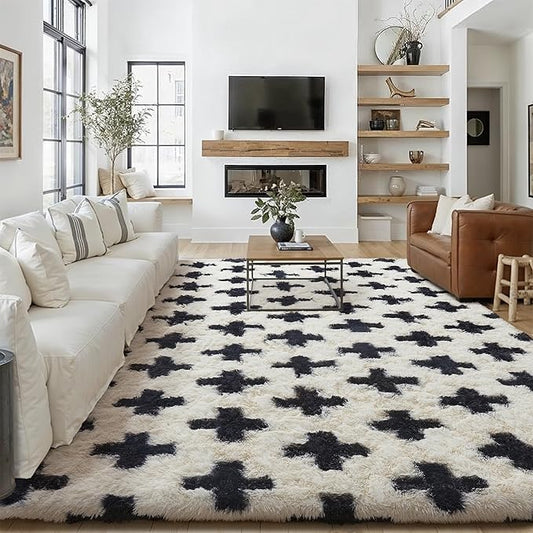 Modern Rug 8x10 for Living Room, Black and White Shag Rug Washable Non-Slip Large Area Rug Super Soft Indoor Fuzzy Carpet Fluffy Rugs for Bedroom Home Aesthetic Decor