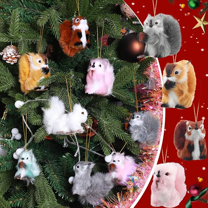 Skylety 10 Pieces Forest Animals Ornaments Woodland Animal Faux Fur Plush Hanging Ornaments Family Educational Playset for Fall, Christmas, Winter Birthday Party Supplies(Squirrels)