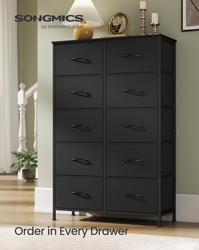 SONGMICS Dresser for Bedroom, Chest of Drawers, Steel, MDF, 10 Non-Woven Fabric Drawers, Storage Organizer Unit, Closet, Entryway, Rustic Brown and Ink Black ULGS125B01S