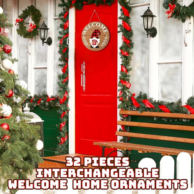 Qunclay Interchangeable Wooden Gnome Decor Holiday Seasonal Gnome Decorations with Magnet Pieces and Detachable Hats Changeable Welcome Sign for Home(Simple Style)