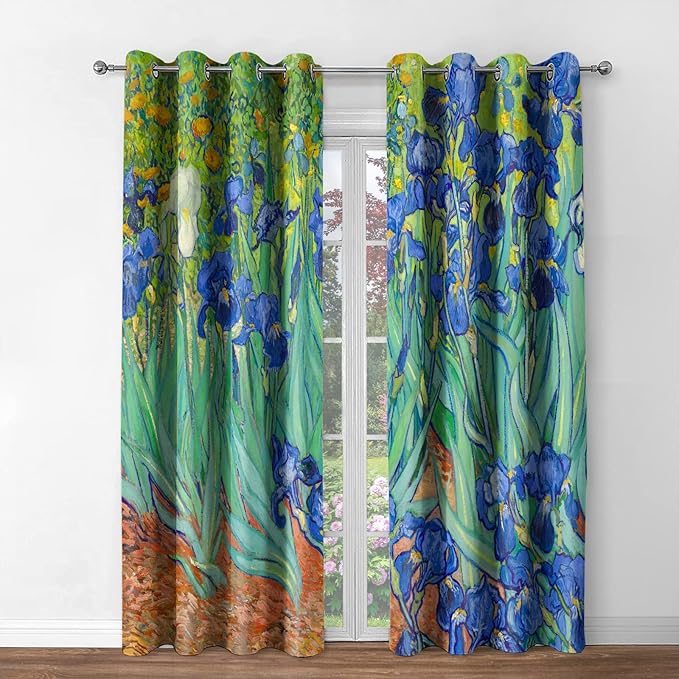 Jekeno Irises Blackout Curtains Blue and Purple Iris Flowers Floral Art Decor Home Bedroom Living Room Abstract Art Decoration Darkening Grommet Window Drapes 2 Panel Set, 42"x84"