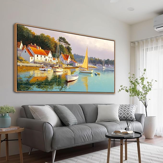 AJAZIKO Coastal Wall Art - Rustic Ocean & boat Canvas Art for Living Room & Bedroom Decor - Framed Landscape Artwork for Walls - Italian Farmhouse & Country Wall Decor Print Pictures20x40IN