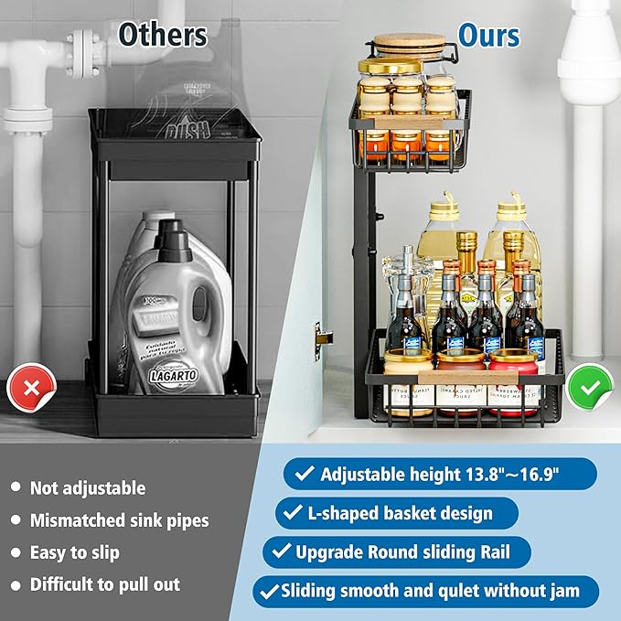 Under Sink Organizers, 2 Tier Pull Out Under Cabinet Organizer，Height Adjustable Pull Out Cabinet Drawers, Metal Sliding Drawer for Kitchen Bathroom Pantry Cabinet Closet Organization Rack，2 Packs