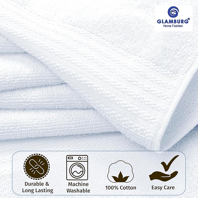 GLAMBURG Premium Cotton Oversized 2 Pack Bath Sheet 35x70-100% Pure Cotton - Ideal for Everyday use - Ultra Soft & Highly Absorbent - Machine Washable - White