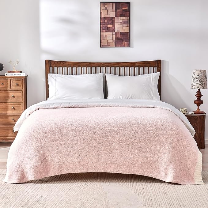CozeCube Melange Blanket, Ultra Soft Pink and White Throw Blanket, Warm Cozy Knit Fuzzy Plush Reversible Throw for Couch Bed Sofa, 50"x60"