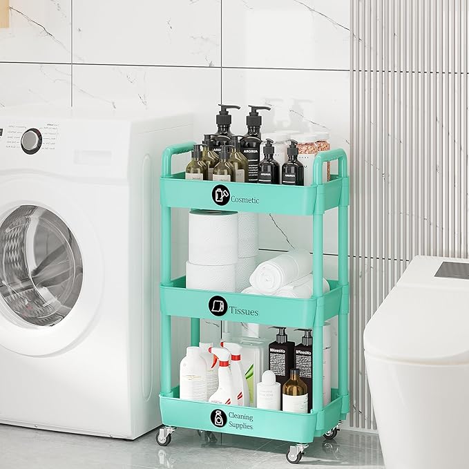 Laiensia 3-Tier Rolling Cart with Wheels,Multifunction Utility Storage carts, Kitchen Storage Organizer,Mobile Shelving Unit for Bathroom,Laundry,with Classified Stickers,Green