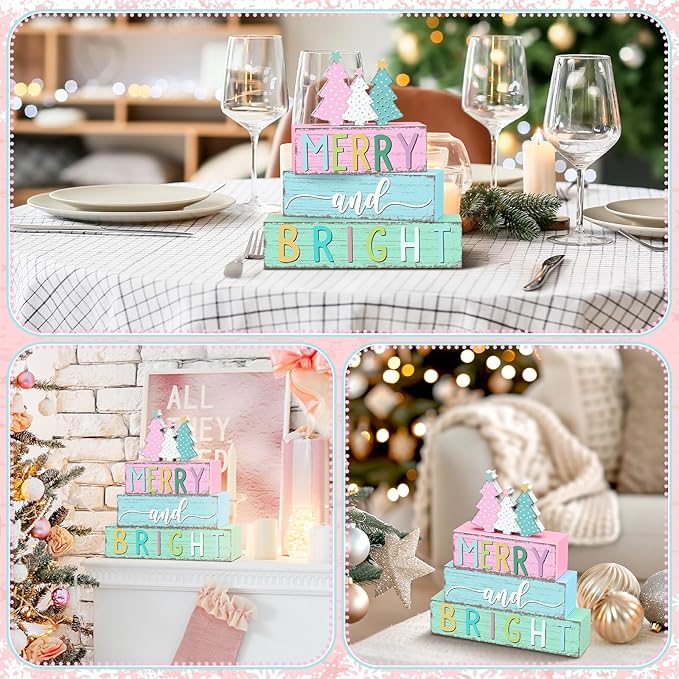 Geelin 4 Pcs Christmas Tree Table Sign Candy Color Wooden Decorative Signage Xmas Tiered Tray Decor Christmas Centerpieces Farmhouse Wooden Block Set Xmas Table Sign for Home