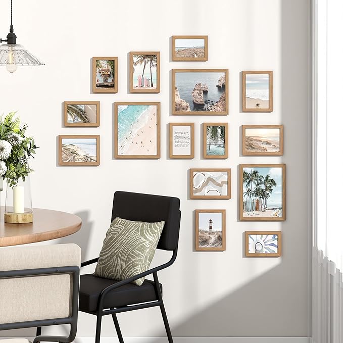 15 Pack Picture Frames Collage Wall Decor, Gallery Frame Set for Wall Mounting or Tabletop Display, Multi Sizes Including 3pcs 8x10, 6pcs 5x7, 6pcs 4x6, Oak