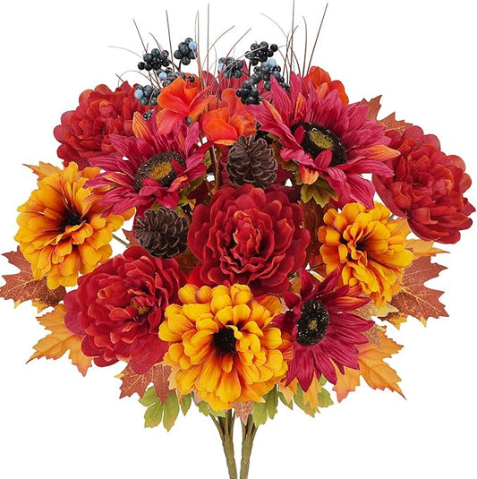 HUAESIN Artificial Fall Flowers 2 PCS Silk Sunflower with Peony Fall Cemetery Flowers Faux Flowrer Arrangements Home Indoor Outdoor Planter Decor Party Wedding Table Autumn Decoration