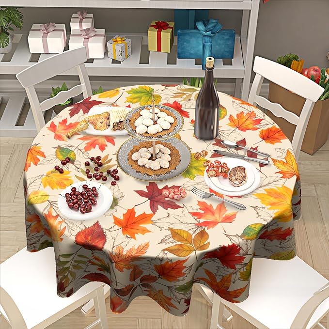 Fall Round Tablecloth 60 Inch Autumn Maple Leaf Table Cloth Round Orange Autumn Thanksgiving Harvest Themed Decorative Tablecloths Fall Circle Table Cover for Home Kitchen Dining Room Living Room