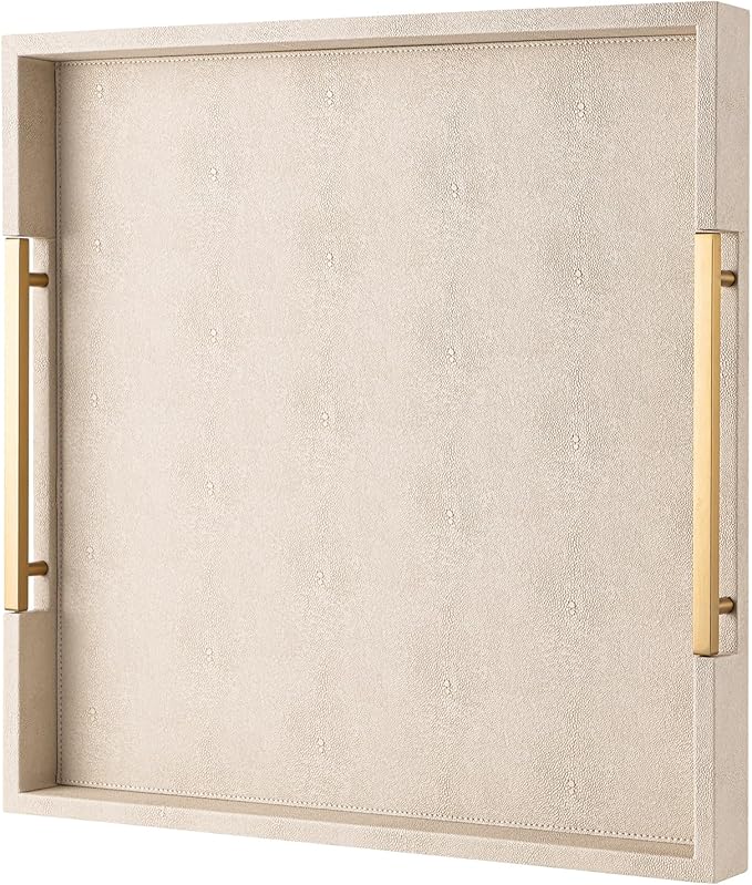 Beige Faux Leather Serving Tray with Handles – Large Decorative Tray for Coffee Table, Ottoman, Living Room, Bathroom – Home Decor