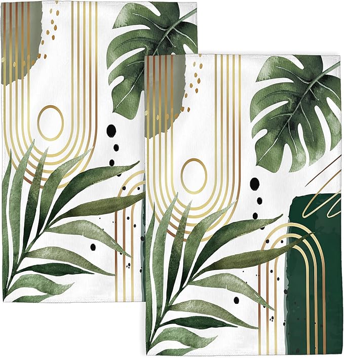 Boho Kitchen Towels 16x24 Inch Sage Green Mid Century Tropical Leaf Summer Decor Dish Towels Abstract Geometric Decoration Hand Towels Absorbent Dish Cloths for Home Kitchen Dining Set of 2