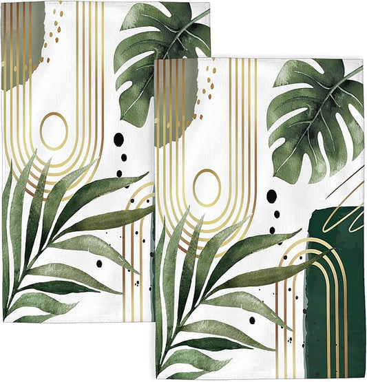 Boho Kitchen Towels 16x24 Inch Sage Green Mid Century Tropical Leaf Summer Decor Dish Towels Abstract Geometric Decoration Hand Towels Absorbent Dish Cloths for Home Kitchen Dining Set of 2