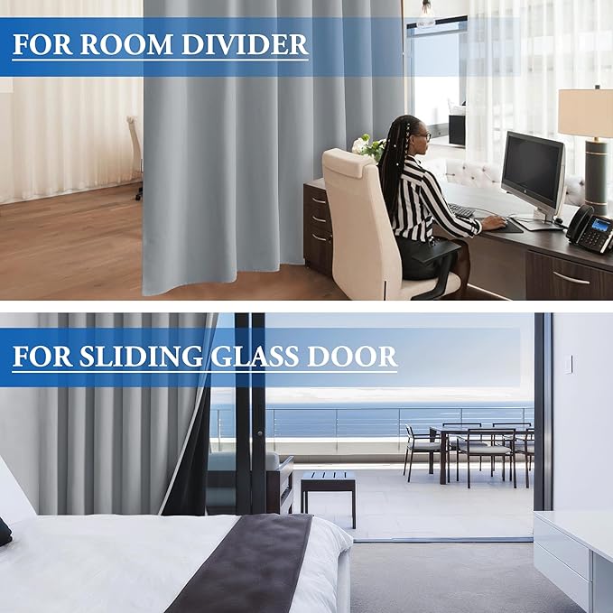 Beauoop 100% Blackout Curtains 96 Inches Long for Patio Sliding Door Grey Solid Extra Wide Room Darkening Thermal Insulated Room Divider Soundproof Grommet Window Treatment Drapes,100x96 Set of 1