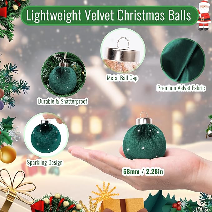 Christmas Tree Ornaments Set Velvet Balls, 15pcs Shatterproof Christmas Bulbs Ornaments for Xmas Tree Decorative Hanging, Vintage Flocked Decoration, 58mm, 2.3in, Multicolor Green Red Black