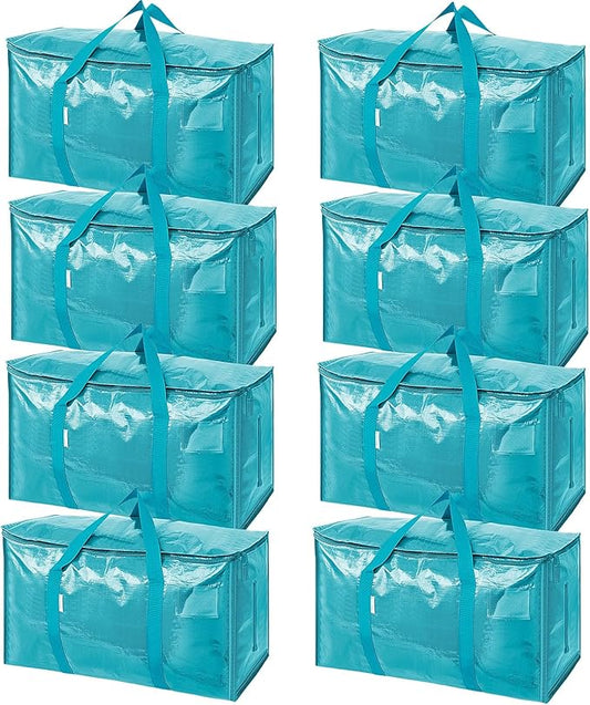 TICONN 8 Pack Extra Large Moving Bags with Zippers & Carrying Handles, Heavy-Duty Storage Tote Moving Boxes for Space Saving (8 Pack, Aqua)
