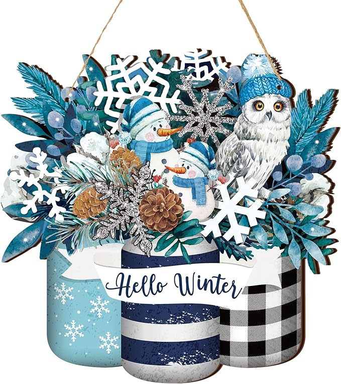 Spiareal Winter Welcome Sign Wood Blue White Silver Front Door Decor Winter Hanging Sign Outdoor Wooden Wreath Decorations for Farmhouse Porch Front Door Decor (Blue White Silver Style)