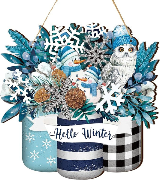 Spiareal Winter Welcome Sign Wood Blue White Silver Front Door Decor Winter Hanging Sign Outdoor Wooden Wreath Decorations for Farmhouse Porch Front Door Decor (Blue White Silver Style)