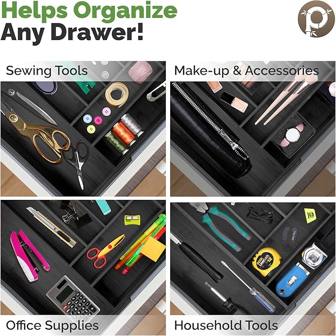 Silverware Tray - Drawer Organizer with Expandable Wooden Dividers (8-Slots, Black)