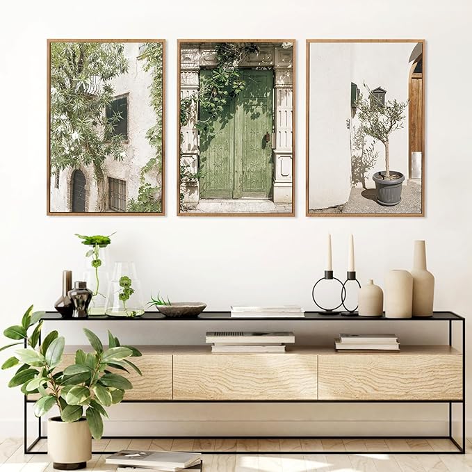 CHDITB Vintage Italy City Framed Wall Art, Nature Botanical Olive Green Wall Decor, Rustic Italian Landscape Painting, Modern Minimalist Country Art Prints for Living Room, Bedroom, Office 24"x36"x3