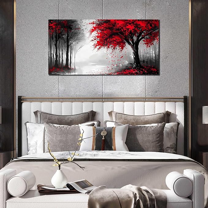 Large Canvas Wall Art for Living Room Black White and Red Tree of Life Print Pictures Painting Framed Wall Decor for Bedroom Modern Home Forest Scenery Wall Decorations Artwork Size 20x40 Ready to Hang