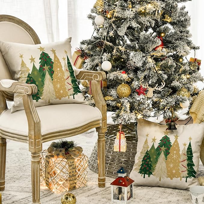 AVOIN colorlife Christmas Trees Star White Throw Pillow Covers Set of 2, 18 x 18 Inch Snowflake Seasonal Winter Holiday Cushion Case Decoration for Sofa Couch
