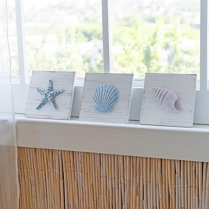 TideAndTales 3D Beach Wall Art - Seashell with Starfish for Coastal Bathroom Decor, Ocean Inspired Decor for Bathroom, Coastal Bedroom, Living Room or Beach House, Set of 3 (6”x 6”)