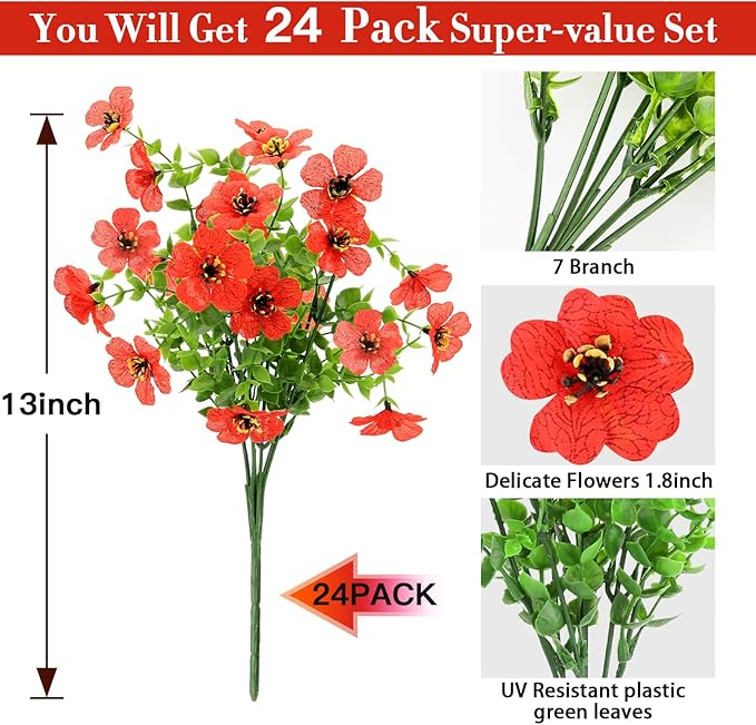 24 Bundles Artificial Flowers for Outdoors Decorations, Fake Flowers Artificial Plants Outdoor, Colorful Daisy Eucalyptus Realistic UV Resistant for Garden Patio Porch Home Decor, Red
