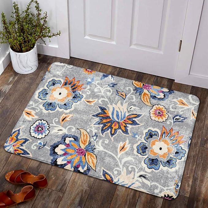 Lahome Floral Indoor Rugs for Entryway - 2x3 Washable Non-Slip Soft Bathroom Rug, Throw Small Area Rug for Bedroom Non-Shedding Grey Paisley Print Doormat Capet for Kitchen Sink Laundry Room Bedside