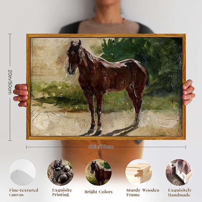 crmotu Framed Canvas Wall Art, Brown Horse Vintage Decor Painting, Classical Animal Art Prints Office Decorations, Still Life Aesthetic Wall Pictures for Living Room Bedroom Kitchen Gallery 20x30in