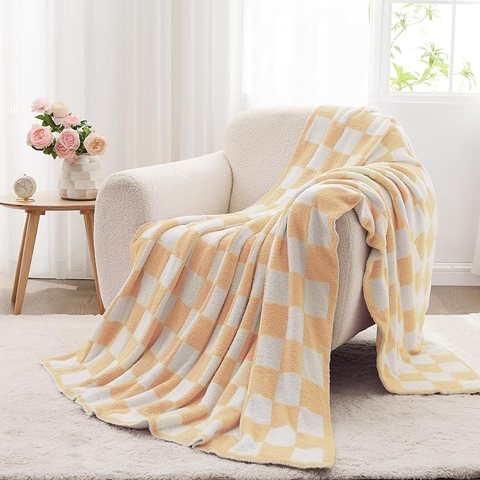 JOOJA Soft Cozy Checkerboard Peach Blanket Fluffy Knit Throw for Couch Plaid Checkered 50x60 in