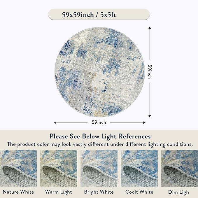 Lahome Washable Round Rug 5Ft, Blue Modern Abstract 5x5 Circle Rugs for Living Room Bedroom, Soft Contemporary Large Indoor Carpet for Kitchen Apartment Basement Home Office