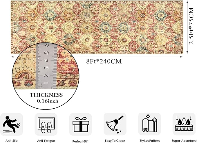 Lahome Moroccan Hallway Rug, 2'5''x8' Kitchen Runner Rugs Non Skid Washable Runners for Hallways, Ultra-Thin Oriental Carpet for Entryway Laundry Room Bedroom Bathroom, Red/Orange