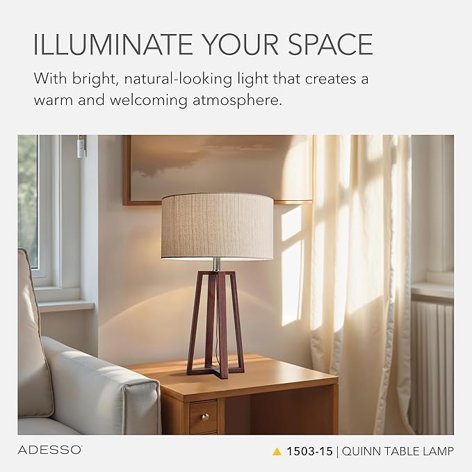 Adesso Quinn Table Lamp - Walnut Birch Wood & Natural Linen Shade – Perfect Nightstand, End Table, and Desk Lamp