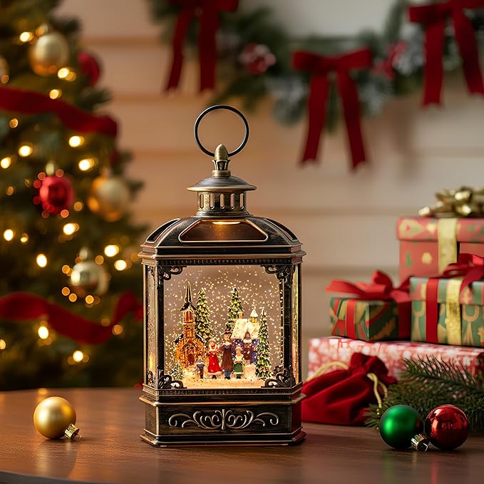Christmas Snow Globe Lantern Water Glittering Town Home with Carolers, Music & Timer, USB Lined/Battery Operated Lighted Lantern for Christmas Festival Decoration Gifts