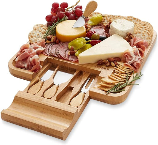 Casafield Bamboo Cheese Board and Knife Gift Set, Wooden Charcuterie Board Meat and Cheese Platter for Entertaining, Housewarming, Birthday, Wedding