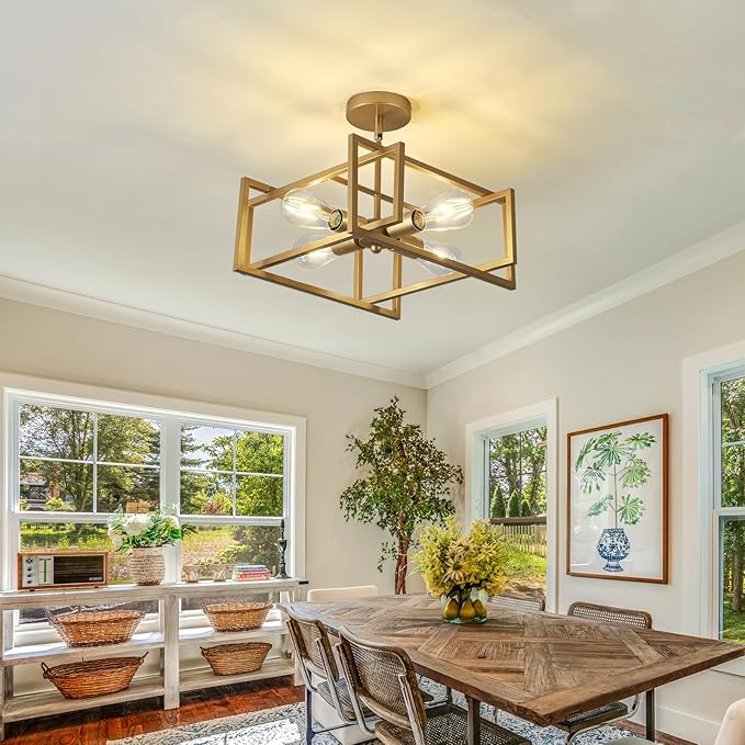 ZGLAOJT 4-Lights Ceiling Light Gold Light Fixture Industrial Flush Mount Ceiling Light Farmhouse Chandelier Lighting for Kitchen Island Dining Room Bedroom Foyer Hallway