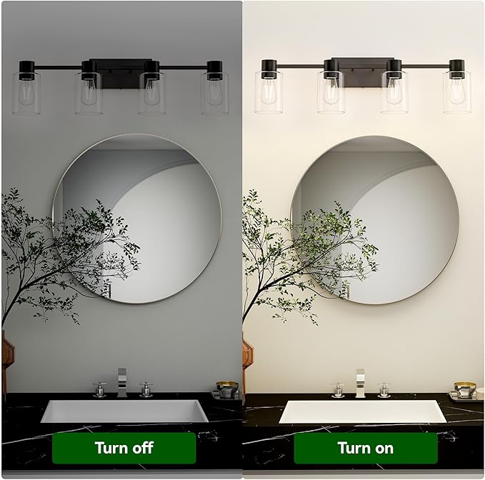 4-Light Modern Vanity Light Fixtures Over Mirror, Matte Black Bathroom Light Fixtures, Vanity Lights, Wall Sconce with Clear Glass Shade for Bathroom, E26 Base