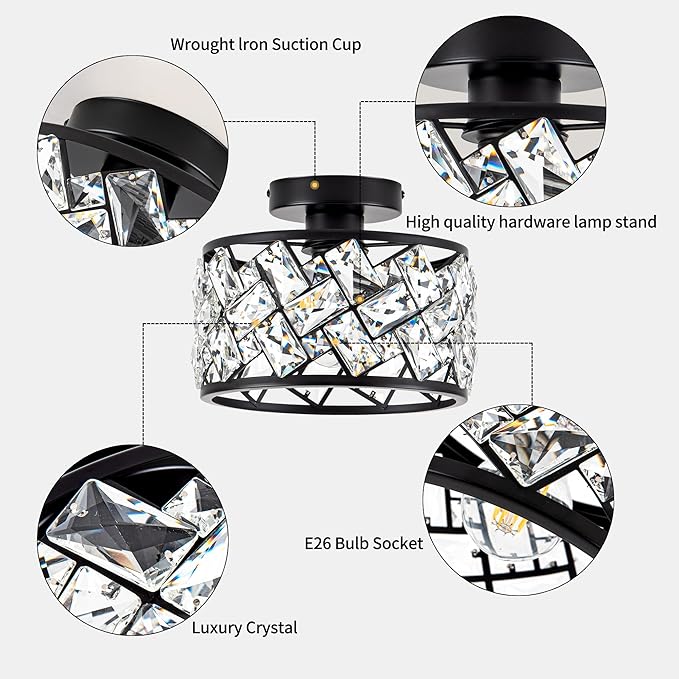 Crystal Ceiling Light Fixture, Modern Semi Flush Mount Ceiling Light,Crystal Chandelier for Kitchen Bedroom Bathroom Entryway, Black Finish