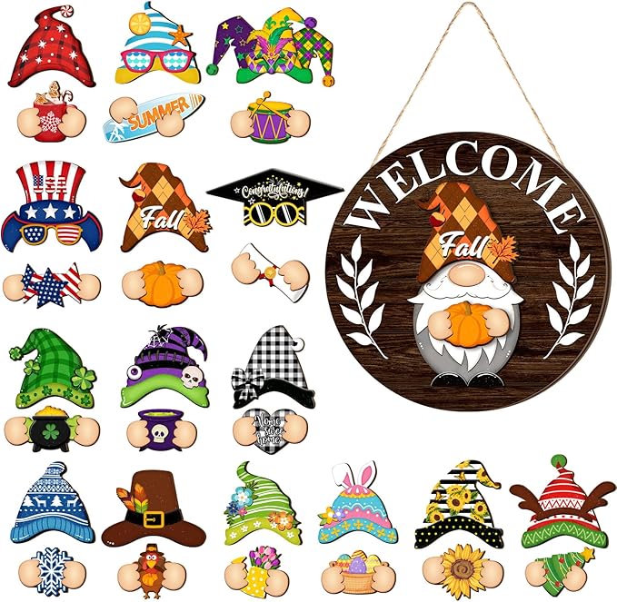 Qunclay Interchangeable Wooden Gnome Decor Holiday Seasonal Gnome Decorations with Magnet Pieces and Detachable Hats Changeable Welcome Sign for Home (Elegant Style)