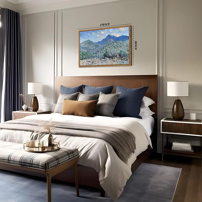 Vintage Framed Monet Wall Art – Impressionist Blue Green Forest Oil Painting Canvas Prints – Tranquil Nature Hillside Landscape Aesthetic Wall Decor for Living Room Bedroom Bathroom – 16"x24"